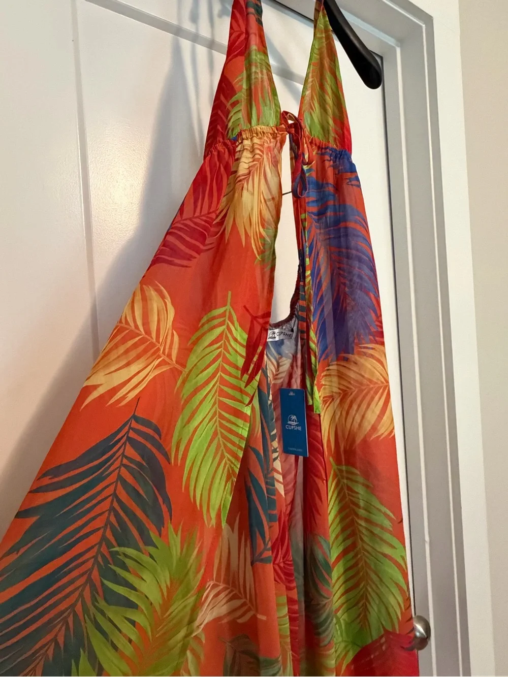 Bright Orange Tropical-Print  One-Piece Halter Swim Cover-up